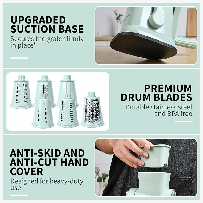 Rotary Cheese Grater with Hand Crank – 6-in-1 Cheese Shredder, 6 Stainless Steel Blades, Reinforced Suction Base, Grater for Cheese, Vegetables, Nuts