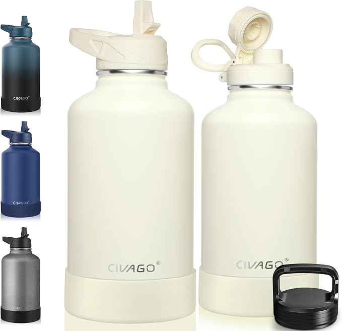 CIVAGO 64 oz Insulated Stainless Steel Water Bottle With Straw and 3 Lids | Half Gallon Large Metal Water Jug, Big Leakproof Reusable Wide Mouth Thermal Flask with Silicone Boot, BPA-Free, Cream