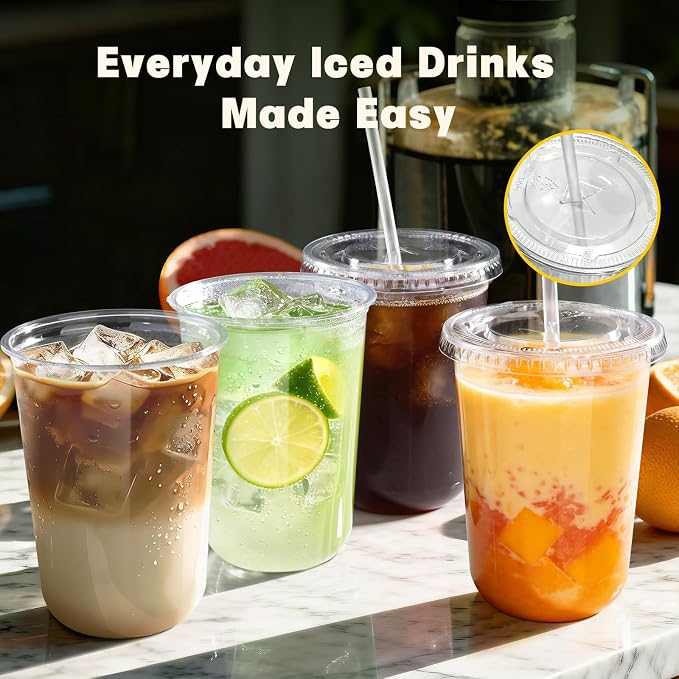 50 Pack 16 oz Round Bottom Plastic Cups with Lids and Straws, Disposable Coffee Cups with Lids, To Go Iced Coffee Cups with Lids, Disposable Cups for Party, Smoothie Cup for Cold Drinks