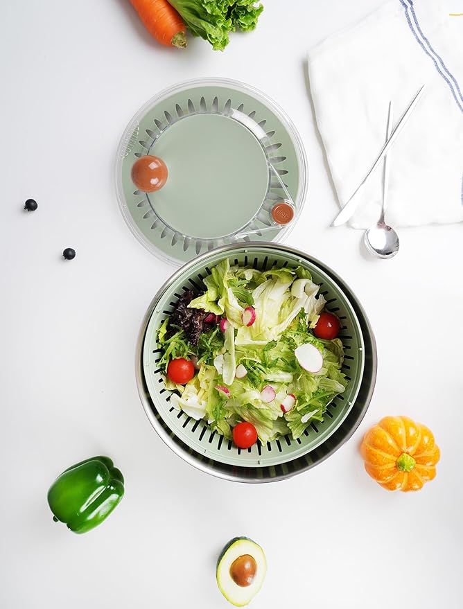 Stainless Steel Salad Spinner, BPA Free, Quick Dry & Stop, 5.3 Qt | Non-Slip Lettuce Veggie Spinner, Drain, Stop Button, Vegetable Fruit Washer, Dishwasher Safe, Also as Serving & Salad Bowl