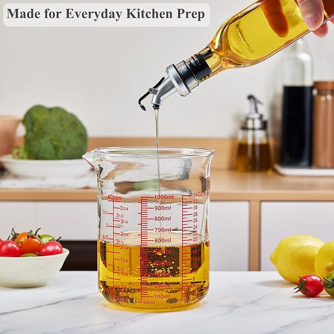High Borosilicate Glass Measuring Cup-V-Shaped Spout，Glass Measuring Beaker for Kitchen or Restaurant, Easy to Read, 1000 ML (32 Oz, 4Cup)