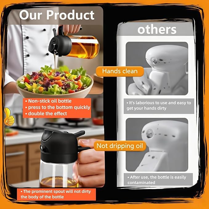 2PCS 16oz/470ml Glass Olive Oil Sprayer for Cooking - 2 in 1 Olive Oil Dispenser for Kitchen Gadgets, Air Fryer, Salad, and BBQ (Black & Black)