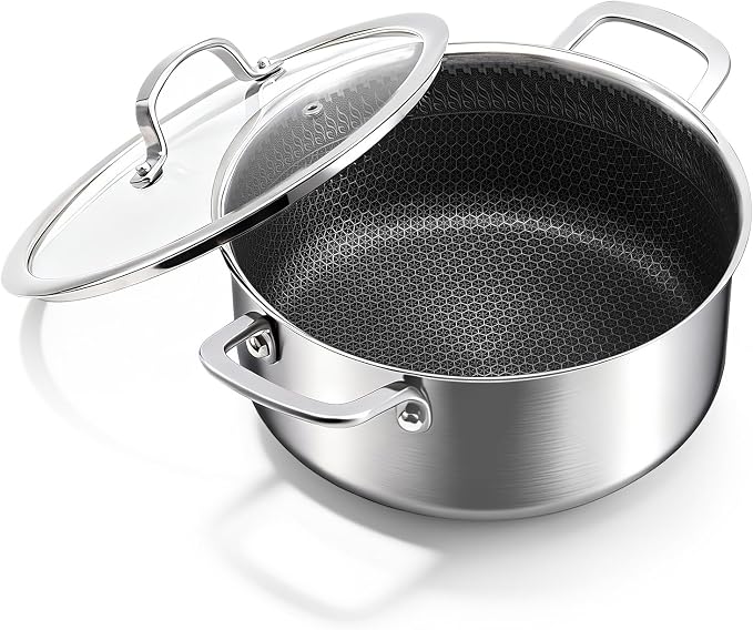 4.6 Qt Stainless Steel Stock Pot with Lid, 3-Ply 18/10 Hybrid Honeycomb Nonstick Soup Pot, 9.4 Inch Induction Pasta Pot for Simmering, Boiling & Stewing