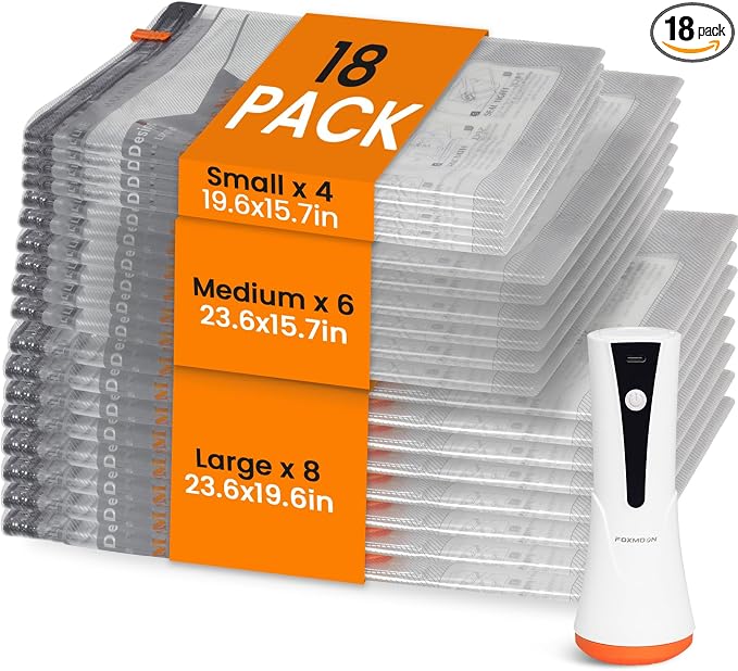 Vacuum Seal Bags for Clothing Travel with Rechargeable Cordless Pump, 18 Pack Compression Space Saver Bags for Packing, Luggage and Seasonal Storage