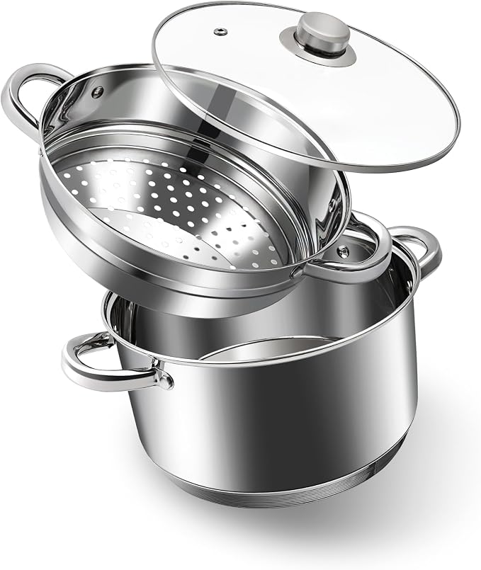 AuFranc® 4 Quart 18/10 Stainless Steel Tri-ply Stockpot and Steamer with Tempered Glass Lid, Multipurpose Steamer Pot Compatible with All Cooktops, Non-Toxic Soup Pot, Oven & Dishwasher Safe (Silver)
