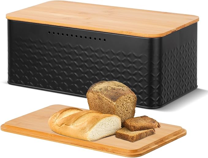 Phyllia Bread Box, Metal Bread Storage Container with Bamboo Lid Usable as Cutting Board, Breadbox Holder for Kitchen Countertop, 13 x 7 x 5.3 inch (Black)