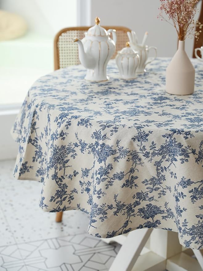 Pastoral Round Tablecloth - 48 Inch Dia. Table Cloth - Washable Table Cover with Dust-Proof Wrinkle Resistant for Restaurant, Picnic, Indoor and Outdoor Dining, Floral (Dark Blue)