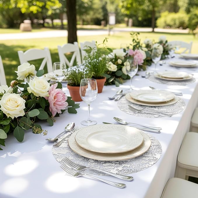 ZAVOOS 100 Pieces Disposable Silver Placemats, 13 Inch | Round Glitter Foil Table Mats Bulk, Metallic Mesh Pressed Table Doilies for Home Decor, Dining Table, Wedding, Birthday Party