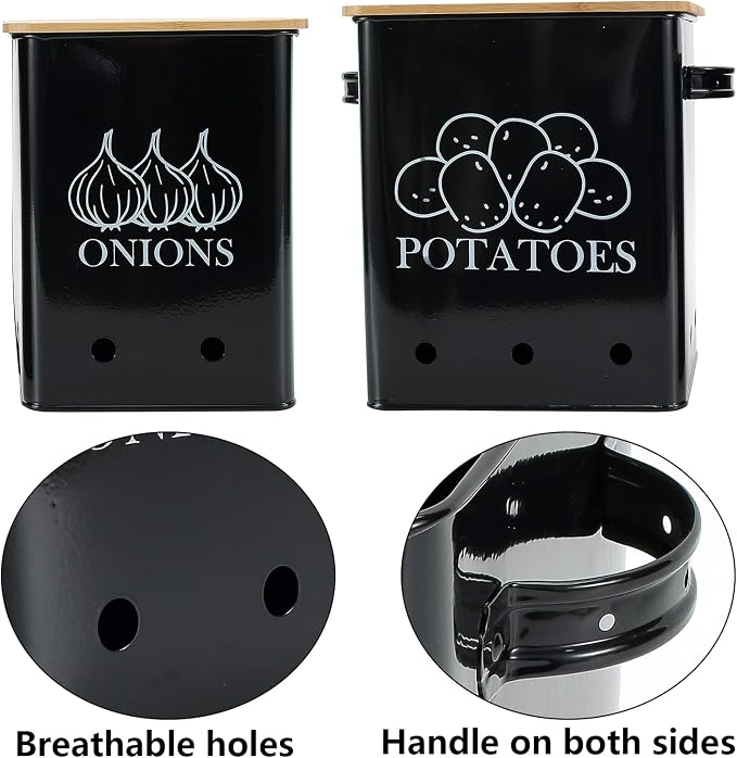 Kitchen Vegetable Storage Tins Set of 2, Onion and Potato Storage Bins with Wooden Lid and Aerating Holes, Garlic Bin Caddy, Vintage Kitchen Decor, Black