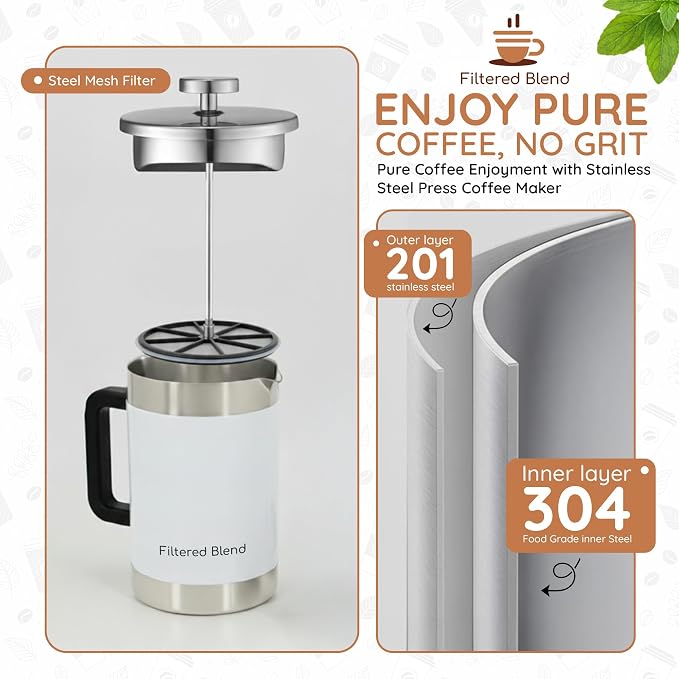 54 oz French Press Coffee Maker, Stainless Steel, Double Filter, White | French Press Coffee Maker, Stainless Steel, Double Mesh Filter, Hot & Cold Brewer, Travel Friendly Gift, White