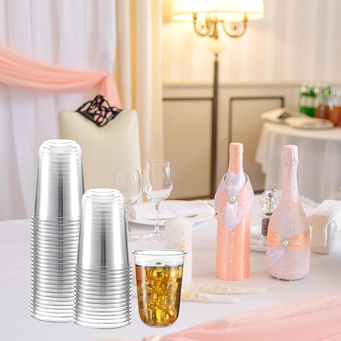 Ziliny 100 Pcs 16oz Plastic Stemless Wine Glasses Disposable, Clear | Plastic Wine Glasses for Parties Weddings Birthdays, Cocktail Drinking Cups, Round Bowl, Bulk Event Supplies