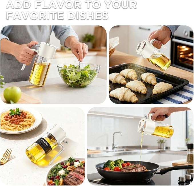PLAPITATE 17oz/500ml Premium Olive Oil Sprayer for Cooking, 2 in 1 Glass Olive Oil Dispenser Bottle for Kitchen Gadgets, Spray Bottle with Portion Control for Salad, Frying, BBQ (White)