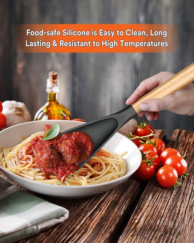 Multifunction Cooking Spoons for Nonstick Cookware,11.4"&13.4",Grey | Great for Cooking and Serving, Sturdy BPA-Free Matte Silicone, Wood Handle spoonula for Mixing, Scoop, and Scrape