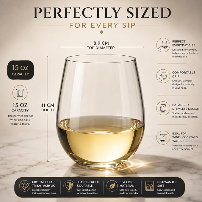 Khen Unbreakable Stemless Acrylic Plastic Drinkware Glasses, Shatterproof 100% Tritan Glasses | 4 Set | 15oz Wine Glassware, Dishwasher-Safe, BPA-free - Indoor & Outdoor, Clear Color