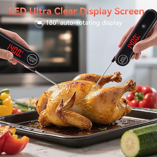 0.3s Instant Read Meat Thermometer, IP67 Waterproof (Red) | Rotating Display, Calibration Function, Ideal for Grill, BBQ, Frying and Kitchen Cooking
