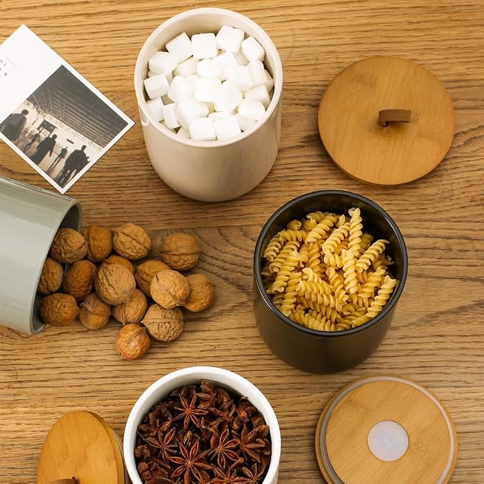 Ceramic Storage Jars, Modern Airtight Canisters with Wooden Lid (Light grey)