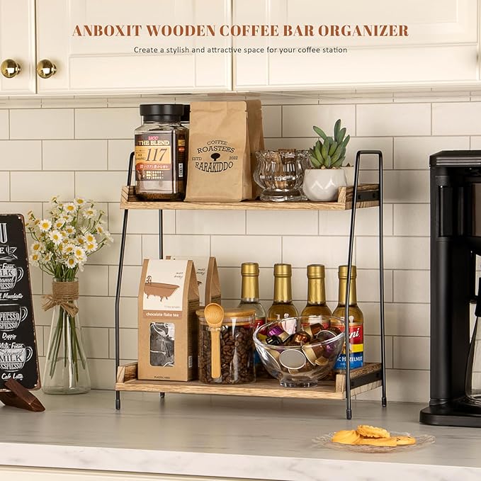 ANBOXIT Countertop Coffee Station Organizer, 2 Tier Wooden Shelf | for Coffee Bar Accessories, Condiment Storage Caddy for Kitchen, Home, Office - Brown