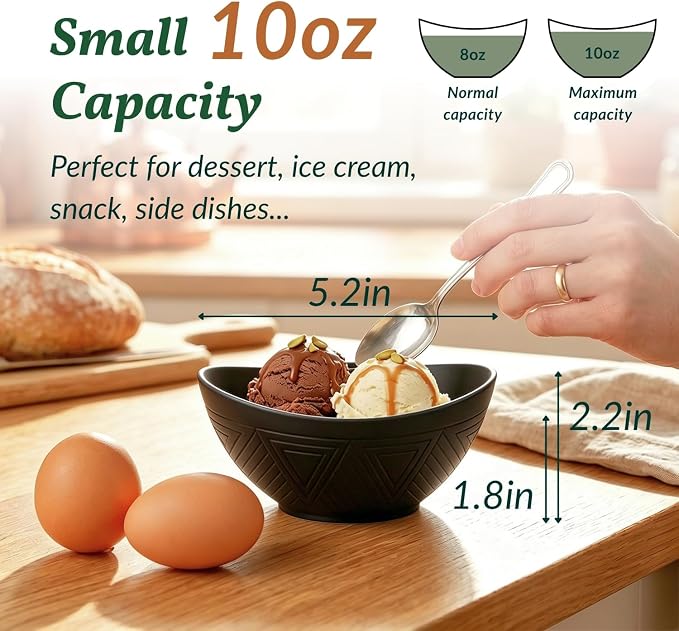 Wheat Straw Bowls 10 OZ Small Bowls Unbreakable Small Serving Bowls for Ice Cream, Snack, Dipping Side Dishes, Yogurt Microwave & Dishwasher Safe Oval Bowls for Camping, Dorm (6 PCS, Black)