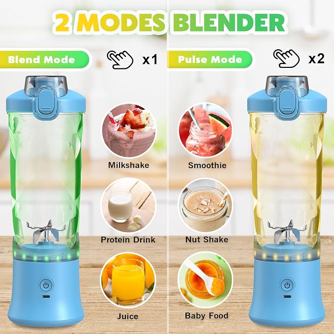 Portable Blender Personal Juicer for Shakes Smoothies with Insulated Sleeve | 20 Oz Electric Protein Shaker Bottle, Travel Lid, USB-C Rechargeable, Mini Small Cordless Blender Cup for Kitchen Travel Gym