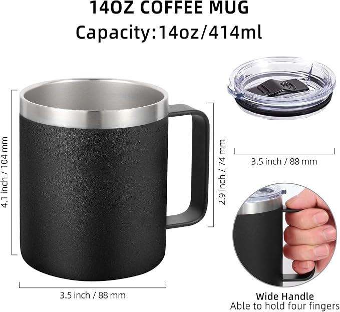 Volhoply 14oz Insulated Stainless Steel Coffee Mug with Lid Bulk 2 Pack,Double Wall Vacuum Travel Coffee Cup with Handle,Reusable Cups Tumbler,Camping Mugs Keep Hot,Ideal Gifts(Black,2 Set)