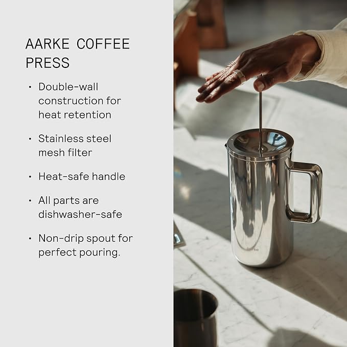 aarke Coffee Press - Stainless Steel, Insulated Double-Walled, 34oz | 100% Stainless Steel, Cool-touch Exterior, Precision Mesh Filter, Vacuum Body