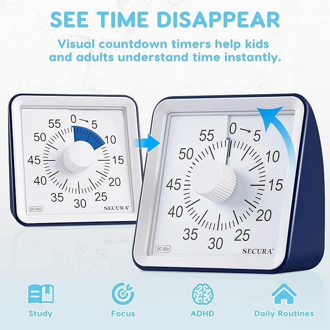 Secura Visual Timer for Kids, 60 Minute Classroom Countdown Timer for Study | Non-Ticking, Adjustable Alarm Volume/Duration, Low Power Reminder, Time Management Tool for ADHD (Navy Blue & Navy Blue)