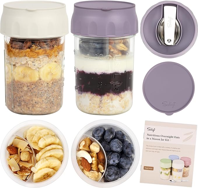 SOLIGT 2 Pack Overnight Oats Containers with Lids (Oat White/Purple) | Folding Spoons and Divided Compartments for Fruit&Nuts, Small Glass 16oz Mason Jars for Oatmeal Yogurt Parfait