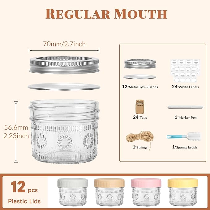 CycleMore 4oz Sunflower Glass Jars 12-Pack with 2 Types of Airtight Lids | Canning Jars With 12 Metal Split + 12 Colorful Plastic Lids. For Jams, Wedding Favors, DIY gifts. Dishwasher Safe BPA-Free
