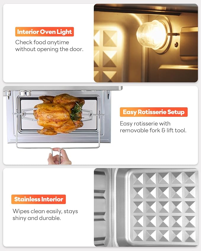 28QT Air Fryer Toaster Oven Combo, Large 12-in-1 Convection Countertop Oven with Next-Gen HeatWave Convection, 3-Layer Cooking, Rotisserie for Chicken, Fits 11" Pizza, All Accessories, Stainless Steel