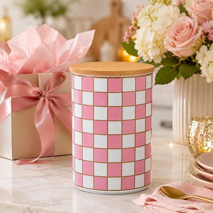 Kitchen Countertop Ceramic Checkered Canisters,Black And White Food Storage Containers With Lid,Airtight Kitchen Canisters for Flour, Sugar, Coffee, Tea, and Dry Goods (Pink, XL)