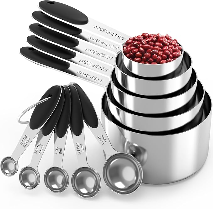 Stainless Steel Measuring Cups and Spoons Set with Silicone Handle – Nesting Design for Space-Saving, Heavy Duty & Dishwasher Safe for Dry/Liquid Ingredients, Cooking & Baking (10)
