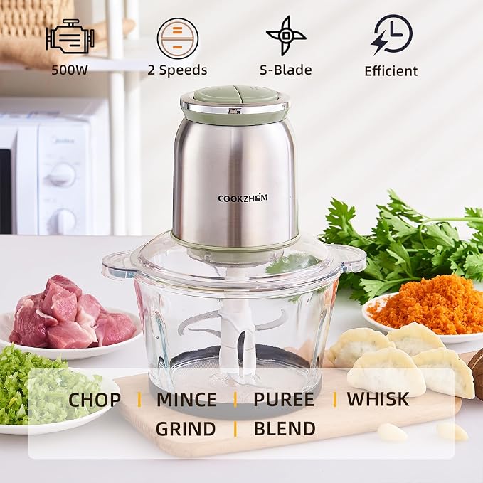 Silver Food Processor,500W Electric Meat Grinder with 8 Cup Glass Bowl and 4 Sharp Blades, Food Chopper & Vegetable Chopper for home use,Meat Processor, Vegetables, Fruits and Nuts