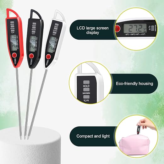 3 Set Digital Food Thermometer Long Probe Instant,Black,White,Red | Waterproof for Water, Liquid, Candle and Cooking Meat Thermometer Read for Kitchen BBQ Grill Candy