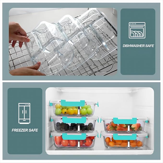 Glass Meal Prep Containers 3 Compartments, 5 Pack 36 oz, Green | Glass Food Storage Containers with Lids, Airtight Lunch Bento Box, Portion Control, Freezer and Microwave Safe