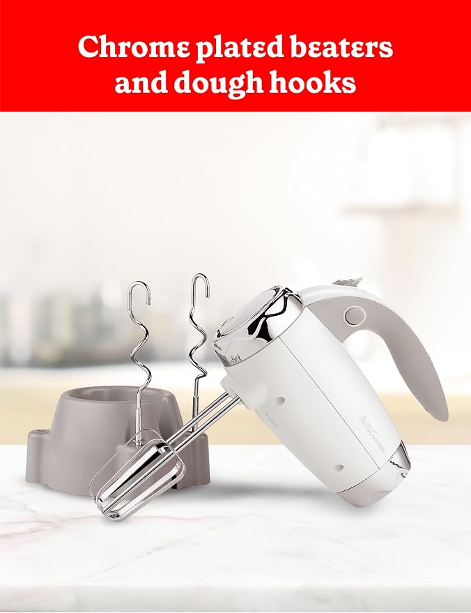 Betty Crocker 7-Speed Power-Up™ Hand Mixer with Stand, BC-4208W, White | 300 Watt Electric Mixer with Beaters and Dough Hooks, Ergonomic Electric Hand Blender for Home & Kitchen with Stand