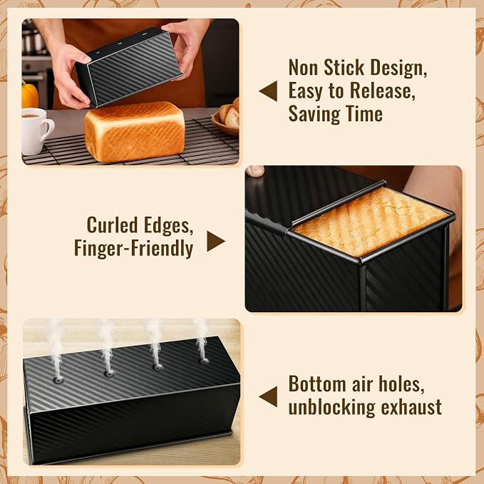 3 Pack Pullman Loaf Pans, Bread Pans with Lids, Black | Non-stick Carbon Steel Bread Pans for Homemade Sandwich and Baking Sourdough Bread, Corrugated Toast Mold