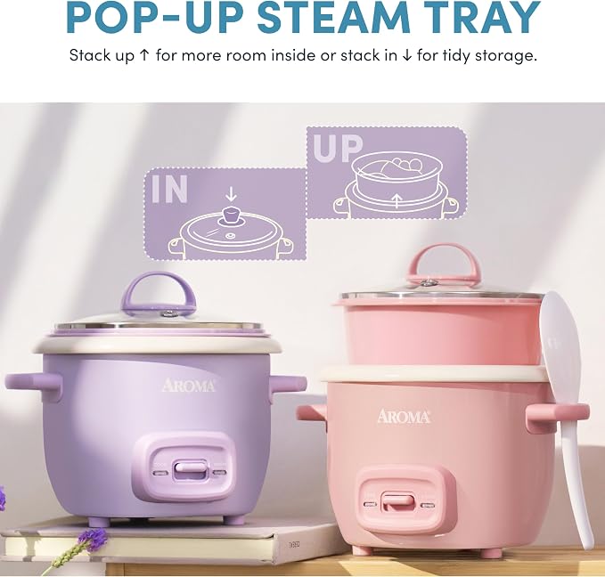 AROMA CoreCoat™ Mini Rice Cooker (3 Cups Cooked) with Nonstick Ceramic Pot Coating, Glass Lid, and Pop-Up Steamer Tray, 0.8 Quart