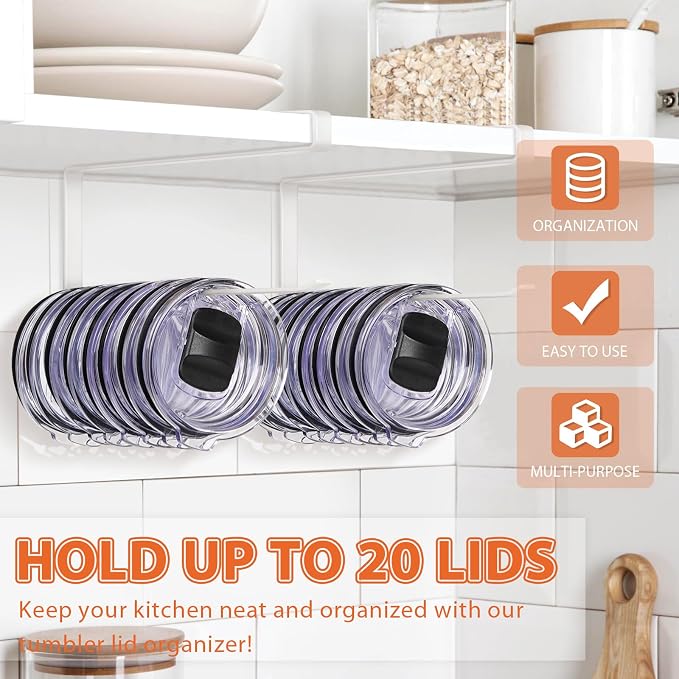 2 Pack Tumbler Lid Organizer, Versatile Tumbler Storage Holds 20 Lids White | Space Saving Cup Lid Organizers Inside Cabinet Tumbler Lid Hook for Kitchen Organizer and Storage, Paper Towel Rack Hanger