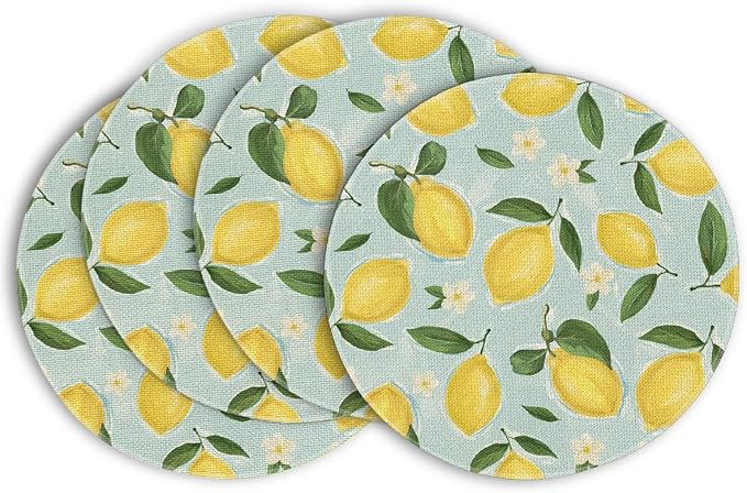 Artoid Mode Blue Lemon Flower Floral Round Summer Placemats Set of 4, 14 Inch Spring Round Table Mats for Dining Decoration