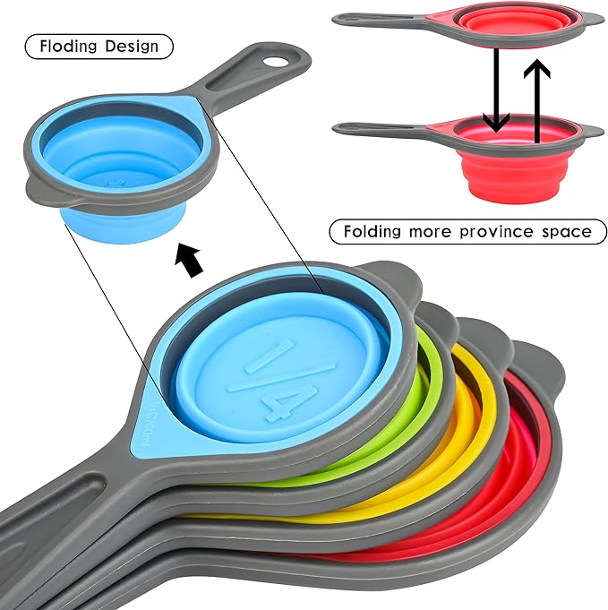 Measuring Cups and Spoons set, Collapsible Measuring Cups, 8 pieces Measuring Cups&Spoons Set, Engraved Metric & US Markings for Liquid&Dry Measuring, Space Saving, BPA Free Colorful Silicone