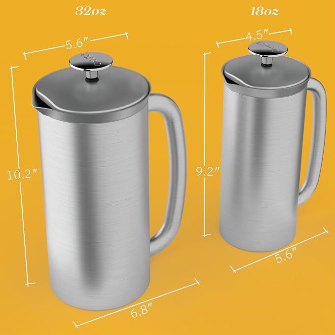 ESPRO P7 French Press, 32oz, Brushed, Stainless Steel Coffee Maker | Double Filter Coffee Press, Grit-Free Coffee, Heat Resistant Insulated tea Press, Easy Hot and Cold Coffee Brewer, Tea Brewer