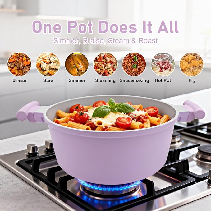 AIKENBBKK 7 Quart Stock Pot with Lid, Non Stick Cooking Pot, Ceramic Soup Pot Nonstick, Induction Cookware for Pasta,Soup,Spaghetti, Stay-Cool Handle, Suitable for All Stoves, Purple