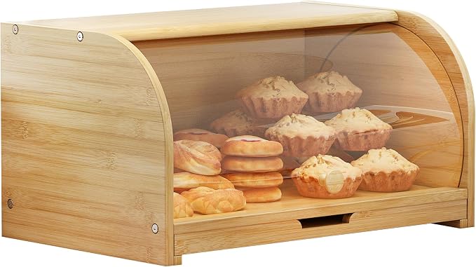 Roll Top Bread Box for Kitchen Countertop with Clear Lid | Natural bamboo, clear roll-top lid. Airtight small breadbox. Includes cutting board. Easy assembly, homemade bread storage