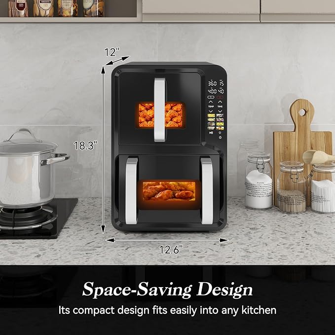 12QT Double Air Fryer with 2 Stacked Racks, Dual Basket Air Fryers | Feeds Up to 10 People, 8-in-1 Presets with Digital Touchscreen to Free DIY, Compact Design, Easy to Clean, Black