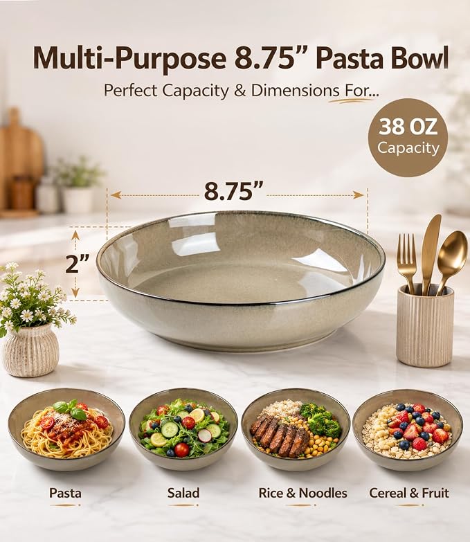 GBhome 8.75'' Large Ceramic Pasta Bowls, 38oz Stoneware Pasta Serving Bowls Set of 4 for Kitchen, Wide Bowls for Fruit,Pasta,Salad,Oatmeal,Meal, Microwave Safe, Reactive Glaze