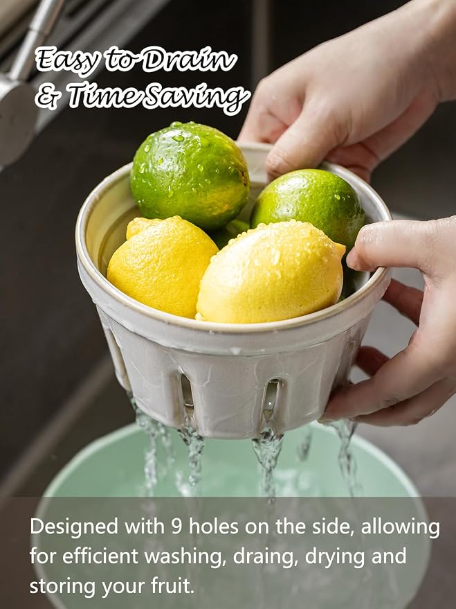 Gomakren Ceramic Berry Basket Set of 2, Fruit Bowl Colanders 5.8 Inch White | Drain Holes Keep Berries Fresh, Stackable Space-Saving, Dishwasher Safe, Versatile Fruit Serving & Farmhouse Kitchen Decor