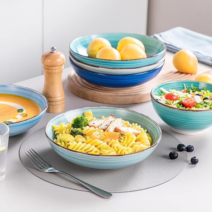 vancasso Bonita Stoneware Dinnerware Sets, 24 Pieces Dishes Set for 6 | Hand-Painted Spiral Dishes for Dinner, Ceramic Kitchen Plates and Bowls Sets-Microwave and Dishwasher Safe (Blue,24 Pcs)