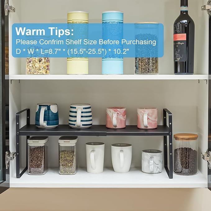 15.5 to 25.5 Inch Expandable Kitchen Cabinet Organizer Shelf, 2 Pack 30 LBS Heavy Duty Adjustable Kitchen Counter Storage Shelves Organizers,Stackable Small Storage Shelf Rack For Cabinet Cupboard