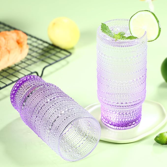 Large Capacity 16 oz Hobnail Drinking Glasses Set of 6, Vintage Glassware Drinking Glasses, Gradual Purple Water Glasses Tumbler, Cups for Kitchen, Juice, Beer, Cocktail, Whiskey