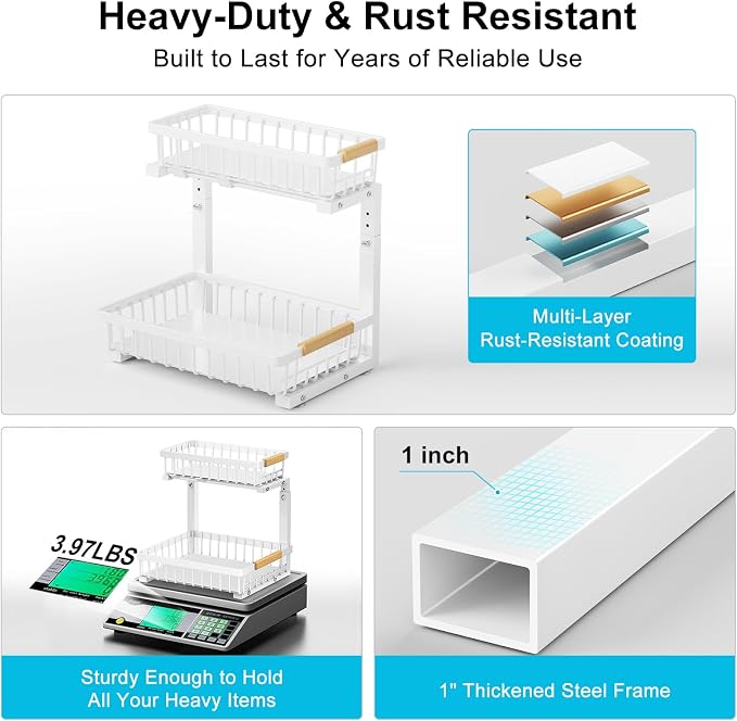 2 Pack Under Sink Organizer, Pull Out Cabinet Organizers, Adjustable Height 2-Tier Metal Slide Out Shelf for Bathroom Under Counter Storage, Kitchen Pantry Laundry Organization Rack, White